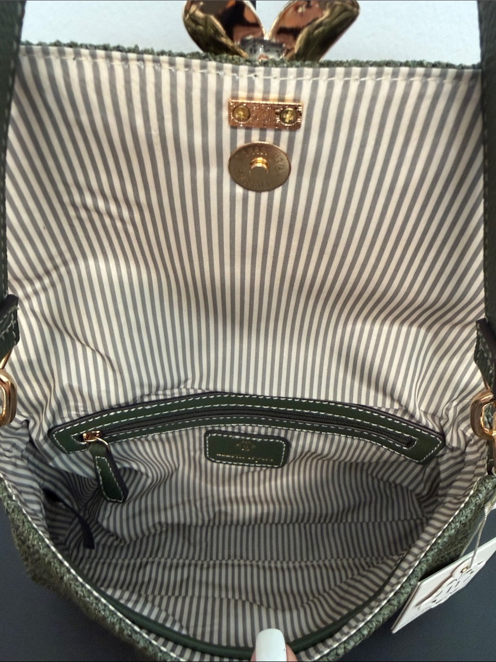 Nanette Lepore | Olive Green Straw Shoulder Bag w/ Flower Accent - Picture 12 of 12